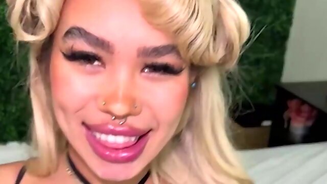 Blonde girl ins skimy lingerie sucking on my dick and pounding hard on it