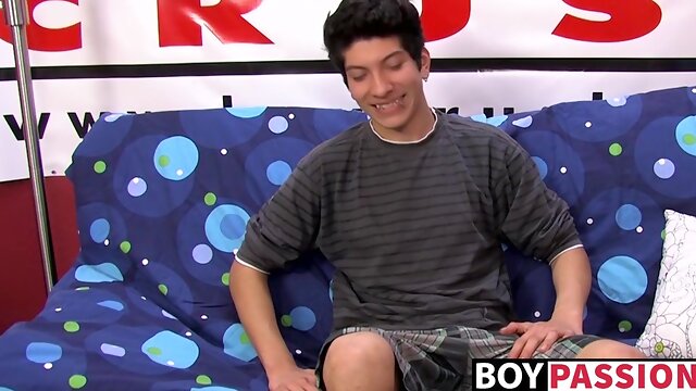 Interviewed young twink jerks off his big dick and cums