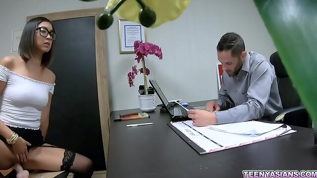 Asian nerdy teen applicant Lexi Mansfield is excited to work with her new boss Damon Dice.Her first job is to fucks with her horny boss.