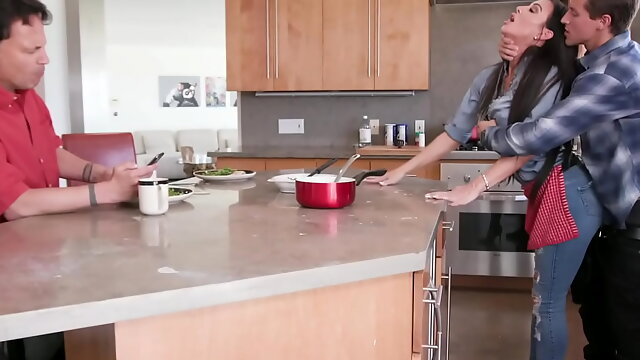 Step mom and stepson fuck next to busy stepdad