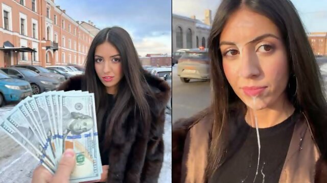 Beauty walks with cum on her face in public, for a generous reward from a stranger - Cumwalk