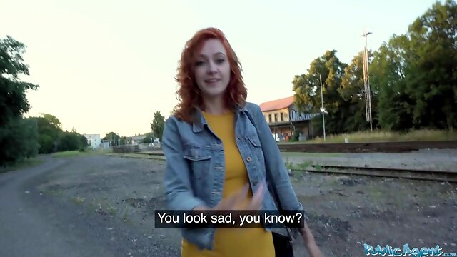 Public Agent Sexy redhead waitress sucks cock and gets fucked doggystyle outside in public