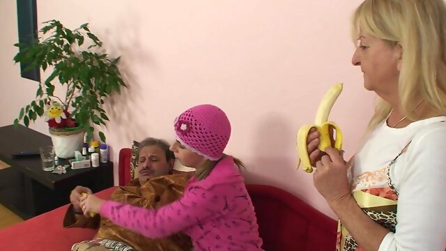 Older Lady And A Hot Teen Satisfy A Man - Brunette