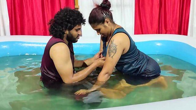 Steamy pool romance lip lock with hooters deep-throat
