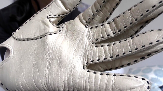 Beige Leather Gloves with a Strong Leather Scent on Your Face, Lady Victoria Valente