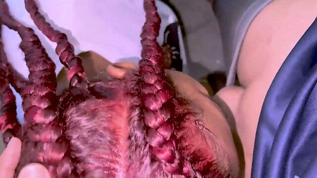 Curvy ebony beauty with red braids submits to rough domination and deepthroat