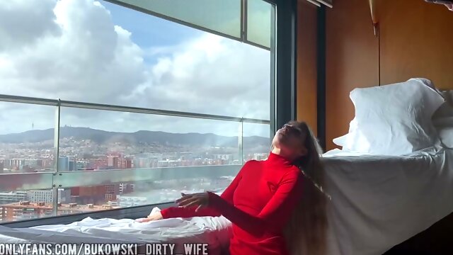 Blonde in red top submits to stranger in high-rise with foot focus and deep swallowing