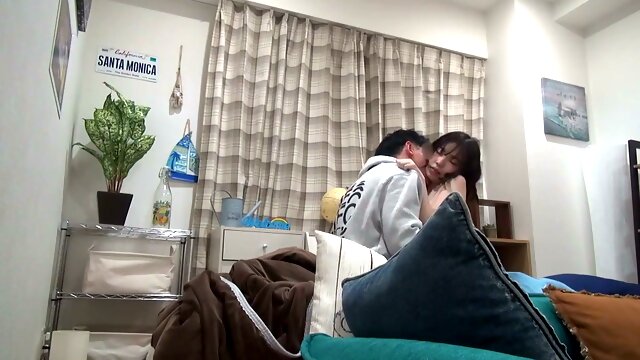 Slender Japanese amateur rides her lover in cowgirl position with soft moans