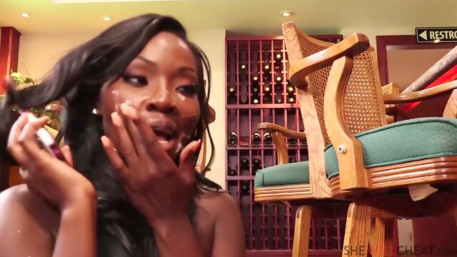 Osa Lovely, the ebony brunette, takes cum on her face after intense oral