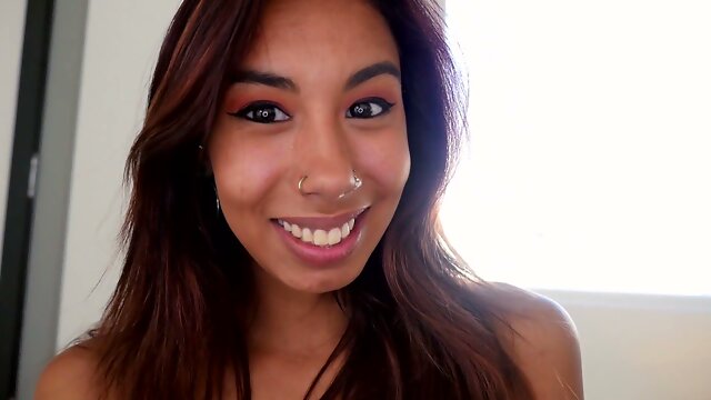 Petite Asian teen with tiny natural tits chokes on a massive cock and greedily swallows every thick load in an intense POV blowjob