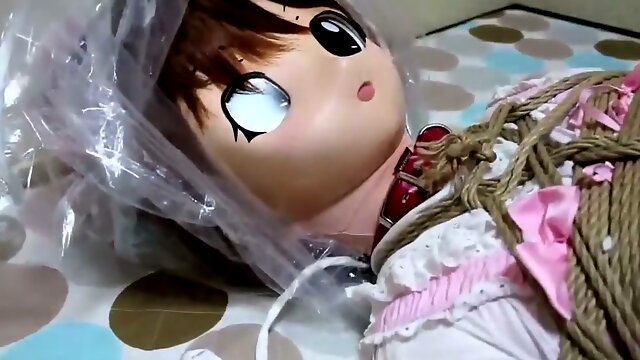 Japanese cosplay girl in a fluffy cat onesie gets tied up and gently choked on camera during a private BDSM session filmed on her bedroom iPhone