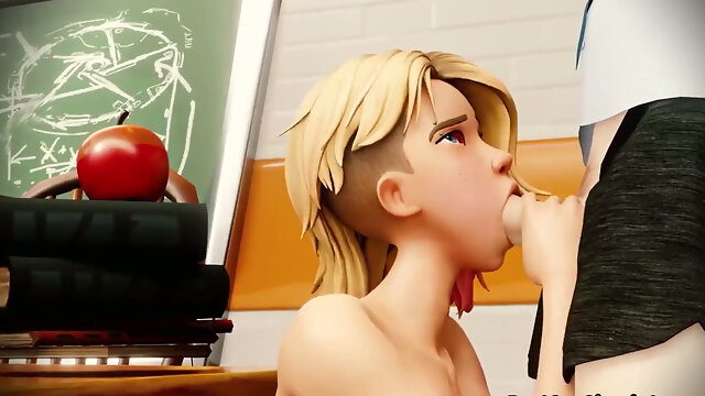 Animated Harley Quinn in red-and-black jester outfit teases Batman before taking his cock deep in a high-definition 3D superhero porn scene