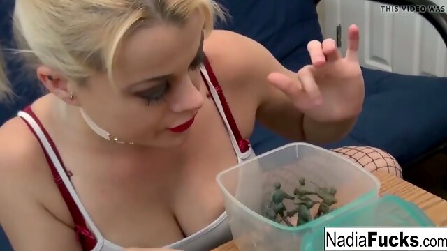Sexy Nadia eats cereal filled with sexy soldiers