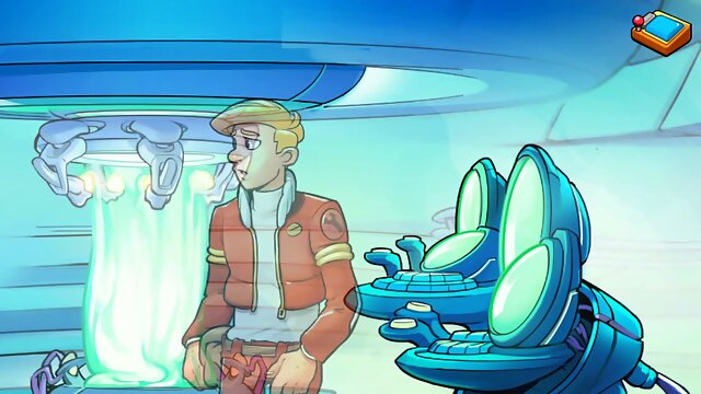 Curvy blonde doctor navigates a surreal cartoon spaceship hospital