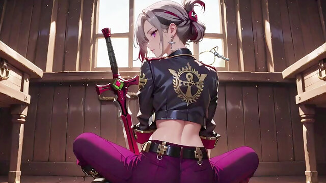Silver-haired Pirate Queen! Sun-drenched Ship Cabin, Navy Uniform Slightly Damp, Kneeling with a Teasing Gaze.