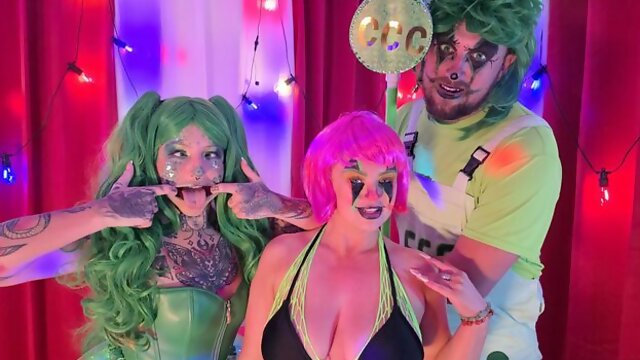 Bonnie Rose in an LED tutu takes doggy with a green-shirt grip