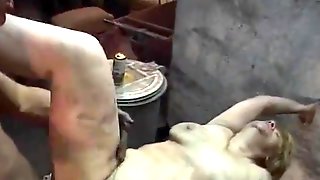 Young boy fucks old blonde whore in the basement
