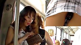 Brunette Hair babe in bus upskirt video