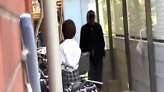 Blouse sharking attack with brown-haired Asian schoolgirl being surprised