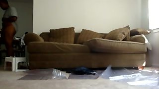 Ebony slut gets nailed on couch