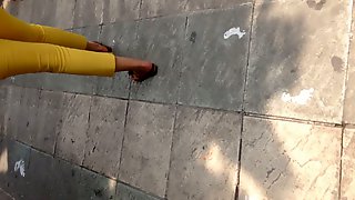 Walking mature ass yellow pant