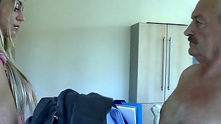 Old man fucks his young and silly cleaning lady