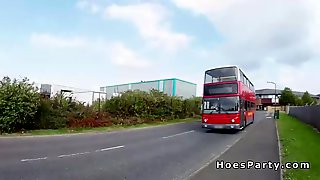 Threesome fuck party in public bus