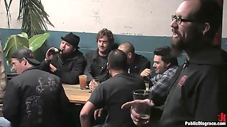 Beautiful brunnette Jade Indica is bound and fucked in a crowded bar