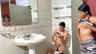 Indian girl watches me masturbating in a public bathroom and we end up fucking me hard until she fills her ass with milk