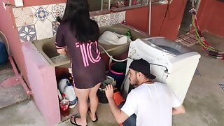 Hotwife receives washing machine technician while the cuckold is at work