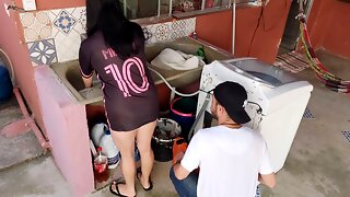 Cuckold receives washing machine technician while the cuckold is at work