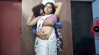 Vaishnavy and Sharun Raj hot saree romance part 2, Neck slurp romance with lip lock and tits press, Mallu couple hot boobs press