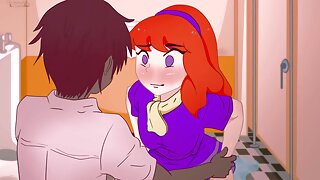 Red-haired Daphne strips her panties in the toilet in front of a mysterious boy without any shame