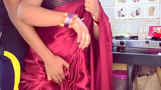Indian hook-upy step aunty caught by beau while talking to her husband in kitchen then hardcore sex