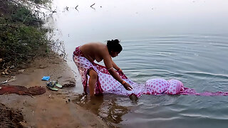 Indian Village Wife Bathing in the River in Outdoor Area