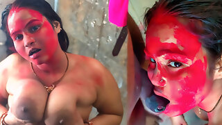 Holi Special: Stepdad Fucks Horny Stepdaughter in Bathroom with Red Gulal All Over Her Big Tits