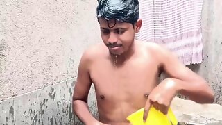 Indian horny bottom gay bathing nude in public and displaying his fat weenie