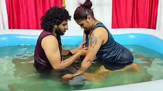 Steamy pool romance lip lock with hooters deep-throat