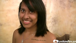 Seductive dark hair Indian teen blowing male pole