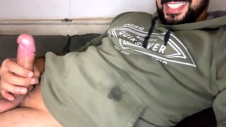 Bearded with a beautiful smile smearing himself with cum jerking off with the cock cumshot brunette naughty snotty dick