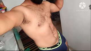 Indian Gym Trainer Showing his Hairy body bulge big cock and big ass in video call Underwear