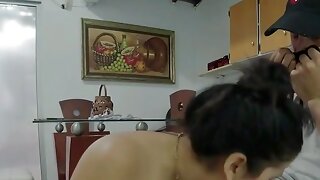 Horny stepdaughter squeezes out all my cum and then sucks my cock in the kitchen