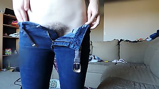 Tight jeans MILF caught playing hairy pussy naughty huge milk tits