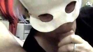 Masked blonde girl sucks my cock and gets cum on tits