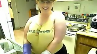 Chubby Girl Dish Washing in Rubber Gloves 1