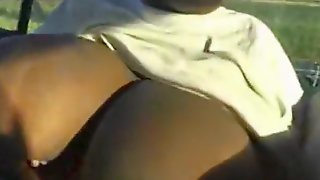 Fat ebony girl with huge boobs bounces them around and sucks her bfs cock in public in his car