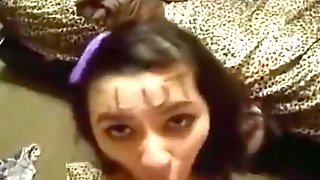Girl with slut written on her forehead sucks cock and spits out the cum