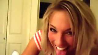 Hot american blonde gives her bf an awesome pov blowjob on the bed