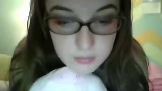 Cute nerdy girl with glasses play with her cameltoe pussy and tits on omegle