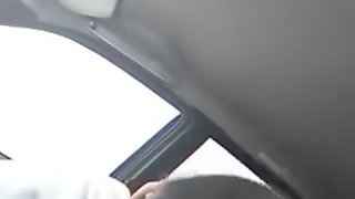 Streetslut sucks and jerks me off in my car, shows off the cum in her mouth and spits it out.